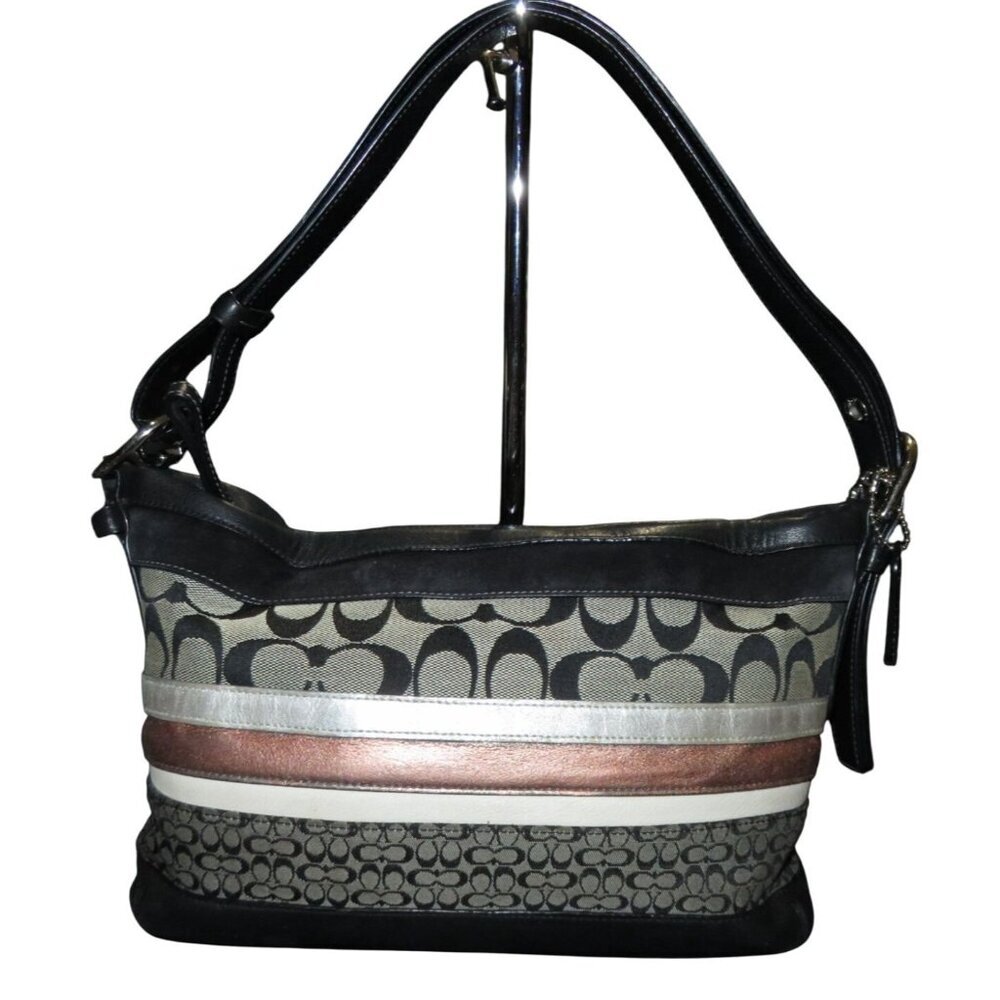 Coach 2007 Signature C Top Handle Striped Canvas & Leather Satchel Shoulder Bag
